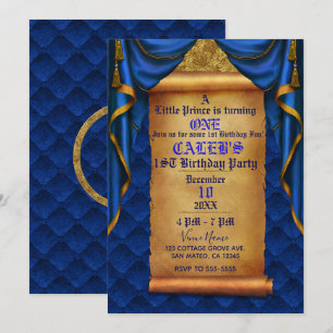 Invitation Fête d'anniversaire 1 an Royal Blue Gold Drapes Sc