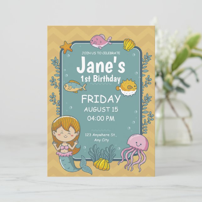 Invitation Fête d'anniversaire 1 an Sirène sous la mer (Debout devant)