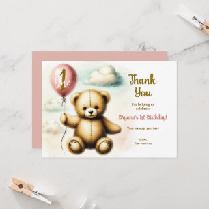 Invitation Fête d'anniversaire 1 an Teddy Bear Pink Balloon