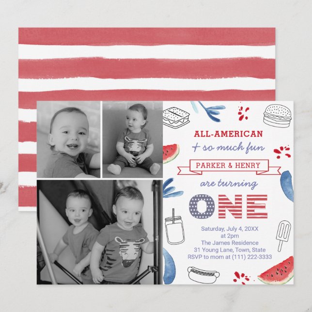 Invitation Fête d'anniversaire 1 an tout américain pour des j (Devant / Derrière)