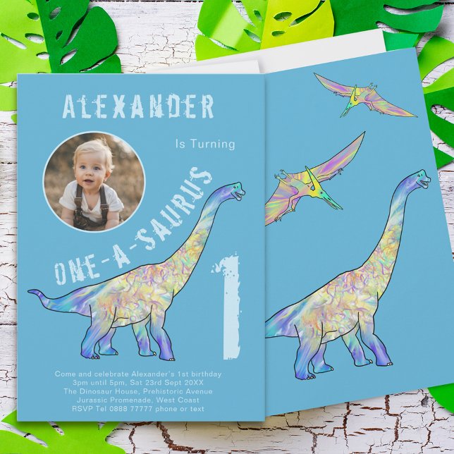 Invitation Fête d'anniversaire 1ère année Dinosaure Bleu (One a saurus dinosaur 1st birthday party invitation with photo template colorful dino watercolor)