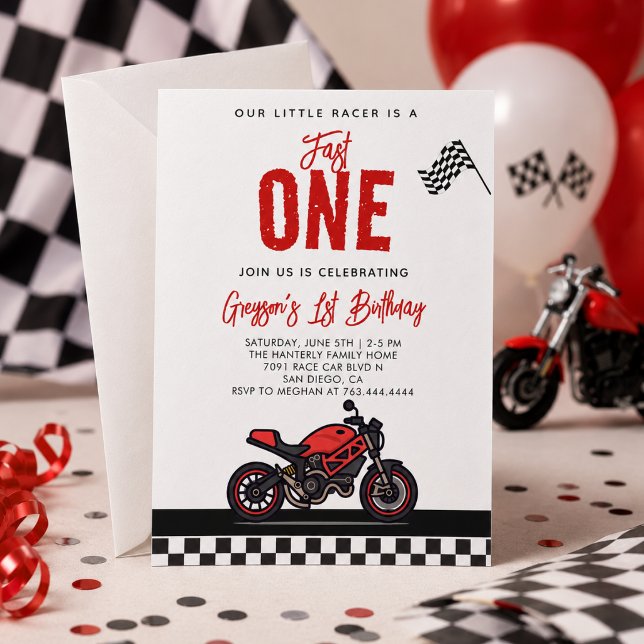Invitation Fête d'anniversaire 1ère année Moto de course Rapi (Fast One Race Motorcycle 1st Birthday Party Invitation
)