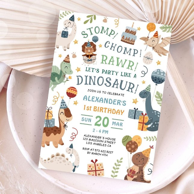Invitation Fête d'anniversaire 1ère année Stomp Chomp Rawr Di (Créateur téléchargé)