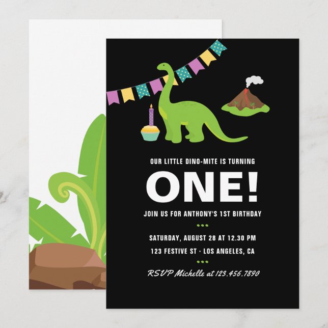 Invitation Fête d'anniversaire 1ère année thème dinosaure noi (Devant / Derrière)