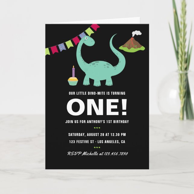 Invitation Fête d'anniversaire 1ère année thème dinosaure noi (Devant)