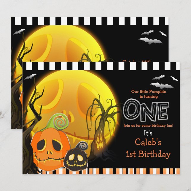 Invitation Fête d'anniversaire 1ère citrouilles Halloween cla (Devant / Derrière)