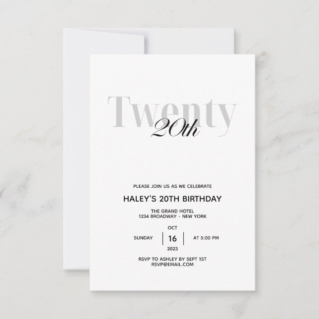 Invitation Fête d'anniversaire 20 ans Chic Noir & Blanc (Devant)