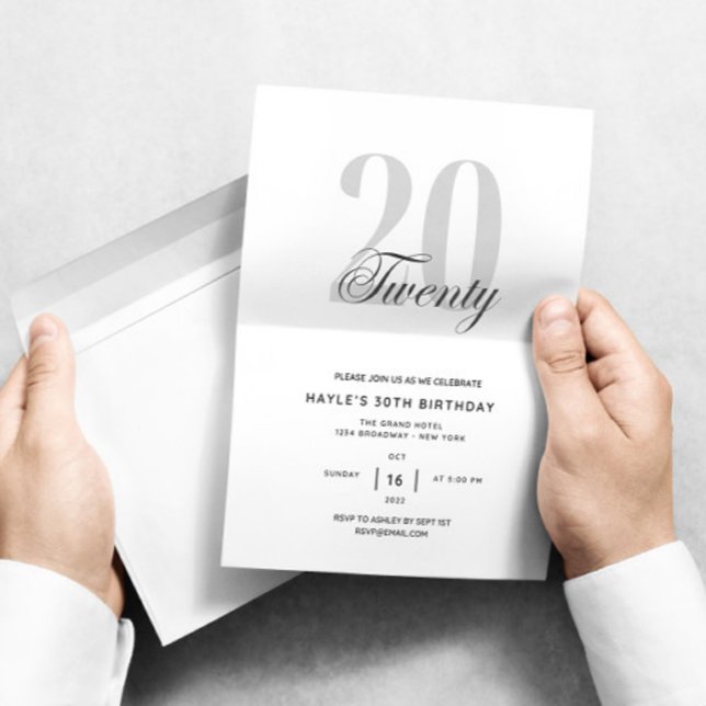 Invitation Fête d'anniversaire 20 ans Chic noir et blanc (Créateur téléchargé)