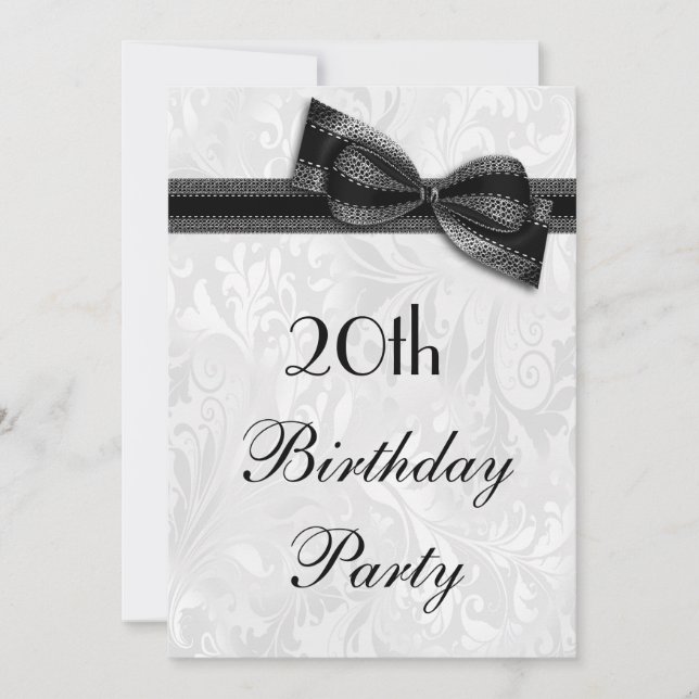Invitation Fête d'anniversaire 20 ans damassé et nœud faux (Devant)