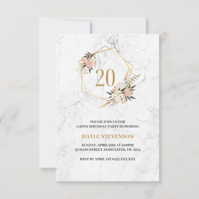 Invitation Fête d'anniversaire 20 ans Floral Marble Chic (Devant)