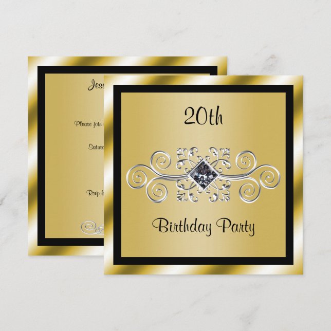 Invitation Fête d'anniversaire 20 ans Silver Swirls & Diamond (Devant / Derrière)