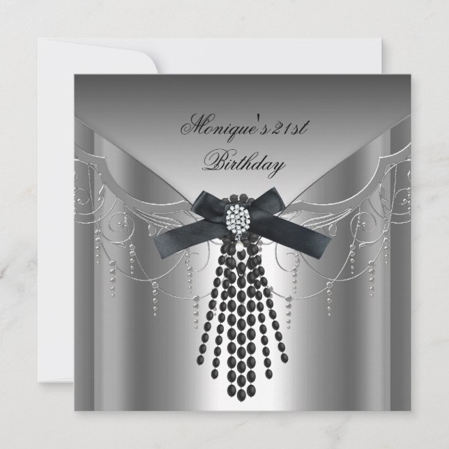 Invitation Fête d'anniversaire 21 ans Arc diamant noir argent (Devant)
