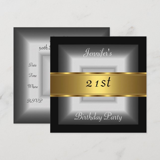 Invitation Fête d'anniversaire 21 ans argent or (Devant / Derrière)