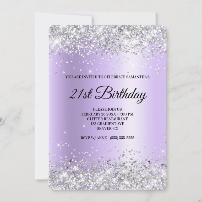 Invitation Fête d'anniversaire 21 ans Argent Paillettes Lavan (Devant)