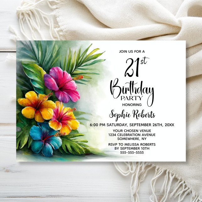 Invitation Fête d'anniversaire 21 ans aux fleurs d'Hibiscus t (Créateur téléchargé)