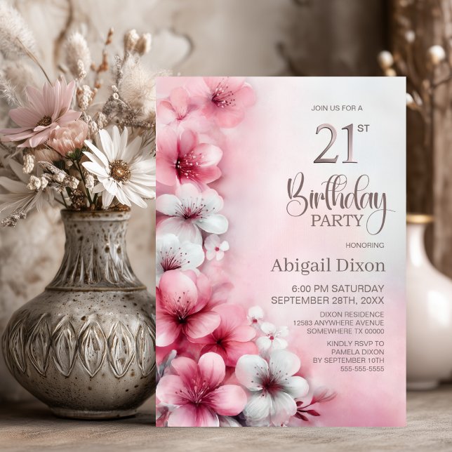 Invitation Fête d'anniversaire 21 ans aux fleurs roses et bla (Créateur téléchargé)