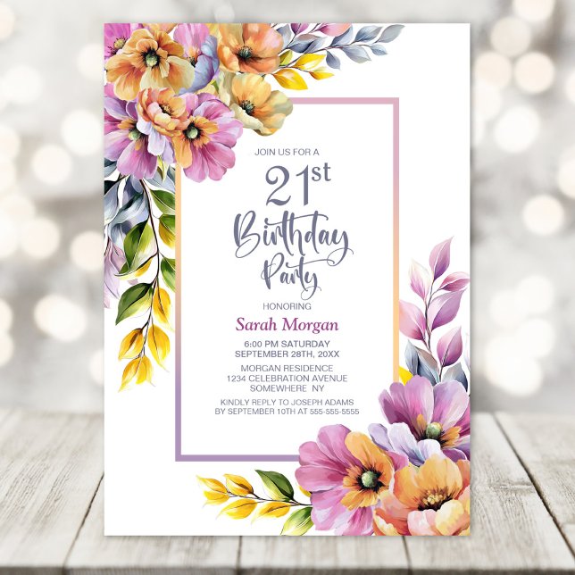 Invitation Fête d'anniversaire 21 ans aux fleurs roses et ora (Créateur téléchargé)