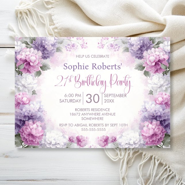 Invitation Fête d'anniversaire 21 ans aux fleurs roses et vio (Créateur téléchargé)