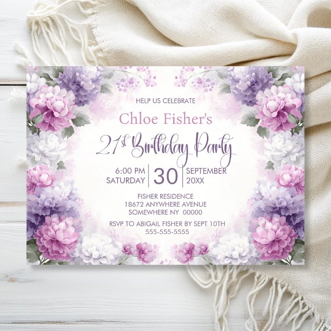Invitation Fête d'anniversaire 21 ans aux fleurs violettes et (Créateur téléchargé)