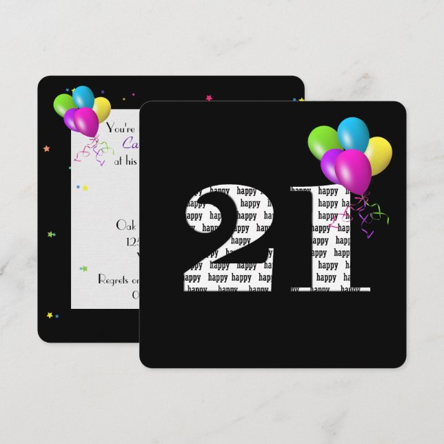 Invitation Fête d'anniversaire 21 ans avec bouquet de ballons (Devant / Derrière)