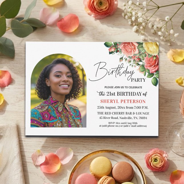 Invitation Fête d'anniversaire 21 ans avec fleurs élégantes e (Créateur téléchargé)