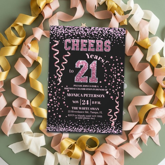 Invitation Fête d'anniversaire 21 ans avec strass rose scinti (Créateur téléchargé)