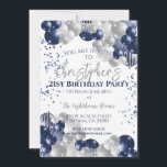 Invitation Fête d'anniversaire 21 ans Ballons bleus marine<br><div class="desc">Une invitation à une fête ou à une célébration d'anniversaire 21 ans magnifique.
Un design fabuleux avec des ballons bleus marine et argentés avec beaucoup d'espace pour vos détails de fête - parfait pour annoncer une célébration pour une fête de vingt-et-un ans. Invitation sur carte plate élégante.</div>
