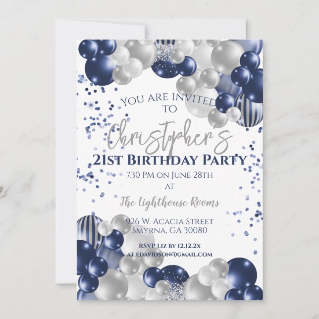 Invitation Fête d'anniversaire 21 ans Ballons bleus marine (Devant)