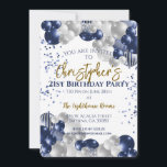Invitation Fête d'anniversaire 21 ans ballons bleus marine<br><div class="desc">Une invitation à une fête ou à une célébration d'anniversaire 21 ans magnifique.
Un design fabuleux de ballons bleus marine et argentés avec beaucoup d'espace pour les détails de votre fête - parfait pour annoncer une célébration pour une fête de 21 ans. Invitation à carte plate élégante.</div>