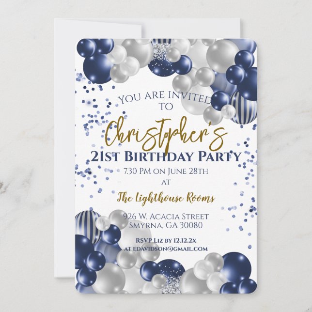 Invitation Fête d'anniversaire 21 ans ballons bleus marine (Devant)