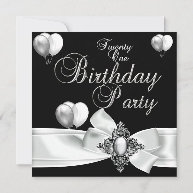 Invitation Fête d'anniversaire 21 ans Ballons noirs blancs ar (Devant)