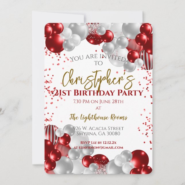 Invitation Fête d'anniversaire 21 ans Ballons Rouges (Devant)