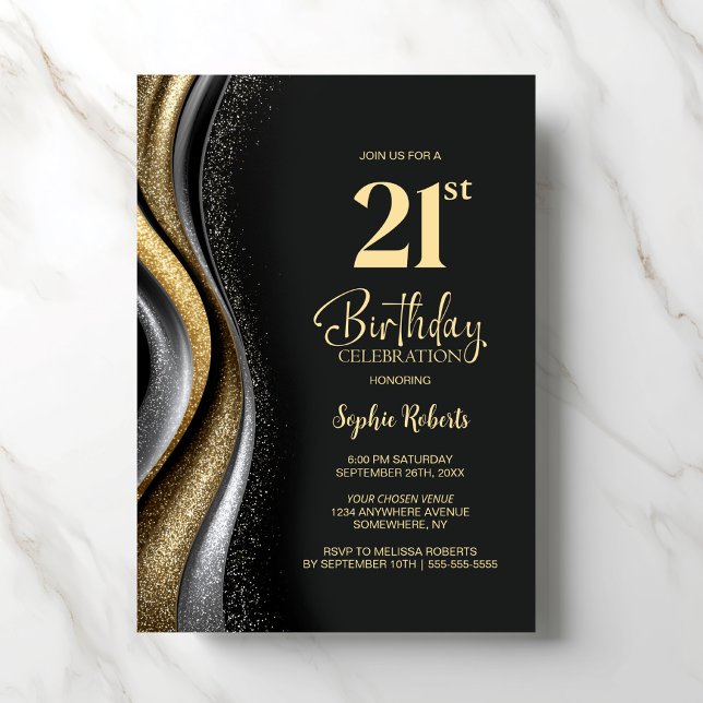 Invitation Fête d'anniversaire 21 ans Black Gold (Créateur téléchargé)