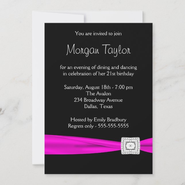 Invitation Fête d'anniversaire 21 ans Black Hot Pink Diamond (Devant)