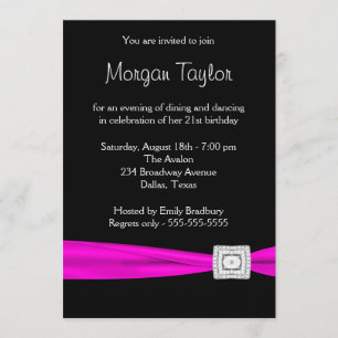 Invitation Fête d'anniversaire 21 ans Black Hot Pink Diamond