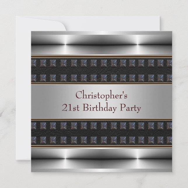 Invitation Fête d'anniversaire 21 ans Black Leather Chrome Ma (Devant)