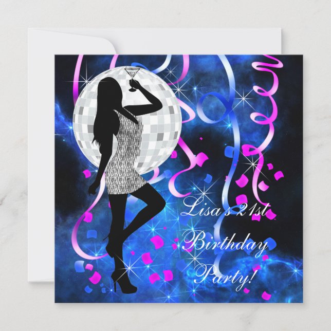 Invitation Fête d'anniversaire 21 ans Bleu royal Rose vif (Devant)