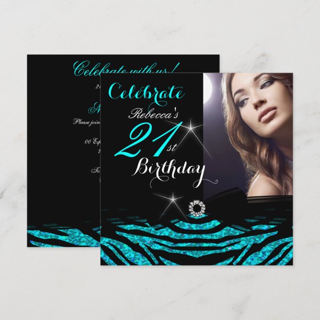 Invitation Fête d'anniversaire 21 ans Bleu sarcelle 21 Zèbre  (Devant / Derrière)