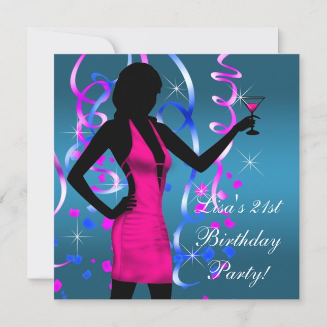 Invitation Fête d'anniversaire 21 ans Bleu sarcelle Rose chau (Devant)