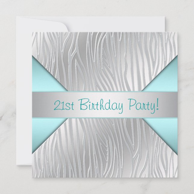 Invitation Fête d'anniversaire 21 ans bleu sarcelle zèbre (Devant)