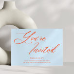 Invitation Fête d'anniversaire 21 ans Blue Orange Bold Script<br><div class="desc">Cette invitation à une fête d'anniversaire comporte « Vous êtes invités » dans un grand script orange arrondi sur un fond bleu ciel doux, avec les détails de la fête en petit texte gras ci-dessous. C'est un look amusant et confiant qui se sent frais et festif. Il y a de...</div>