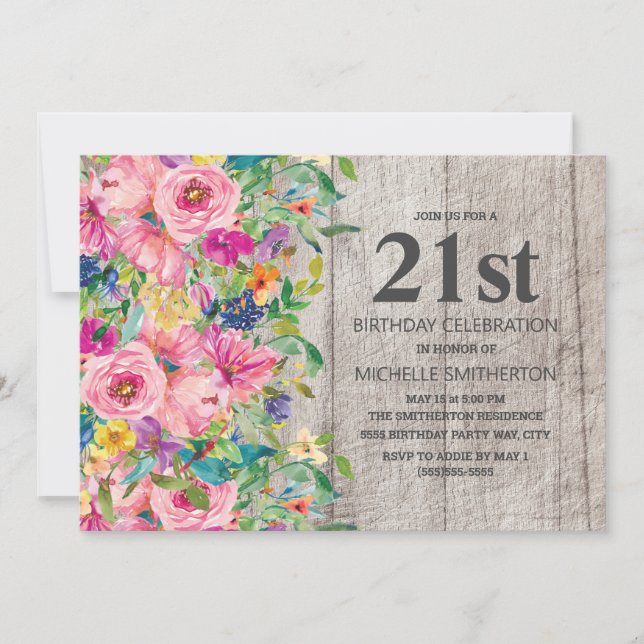 Invitation Fête d'anniversaire 21 ans Bois Rustique Floral Bl (Devant)