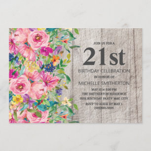Invitation Fête d'anniversaire 21 ans Bois Rustique Floral Bl