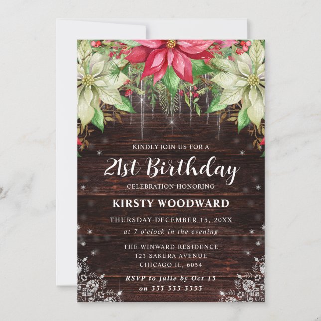 Invitation Fête d'anniversaire 21 ans Bois rustique & Poinset (Devant)