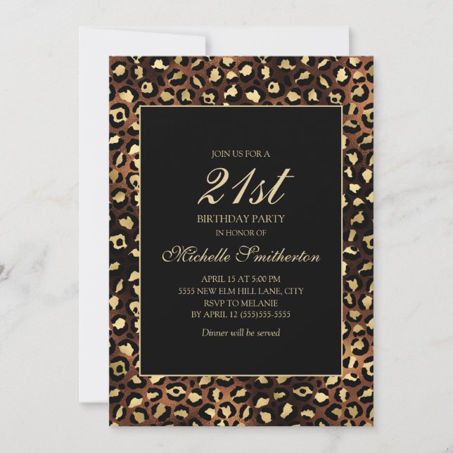 Invitation Fête d'anniversaire 21 ans Bronze Or Léopard Noir (Devant)