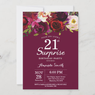 Invitation Fête d'anniversaire 21 ans Burgundy Floral Surpris