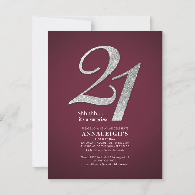 Invitation Fête d'anniversaire 21 ans Burgundy Paillettes Arg (Devant)