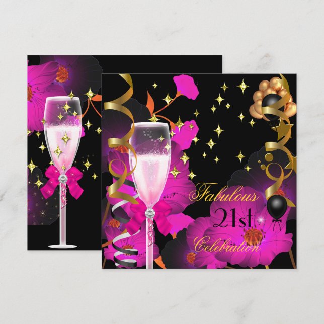 Invitation Fête d'anniversaire 21 ans Champagne Or Épingle Cé (Devant / Derrière)