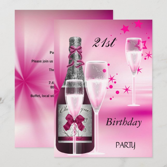 Invitation Fête d'anniversaire 21 ans Champagne rose 21 (Devant / Derrière)