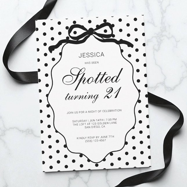 Invitation Fête d'anniversaire 21 ans chic à pois (Chic Polka Dot Spotted Turning 21st Birthday Party Invitation)